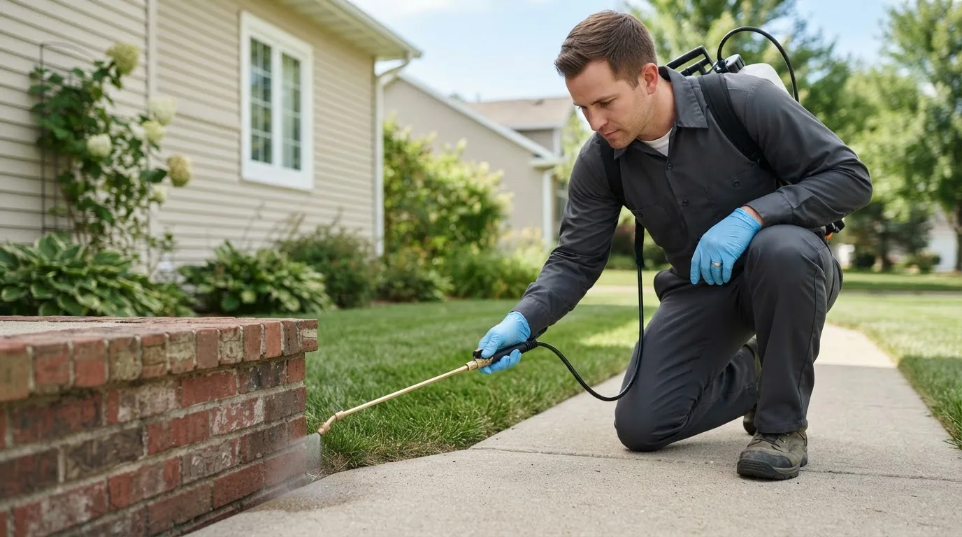 Pest control technician treating a home near East Fultonham, OH