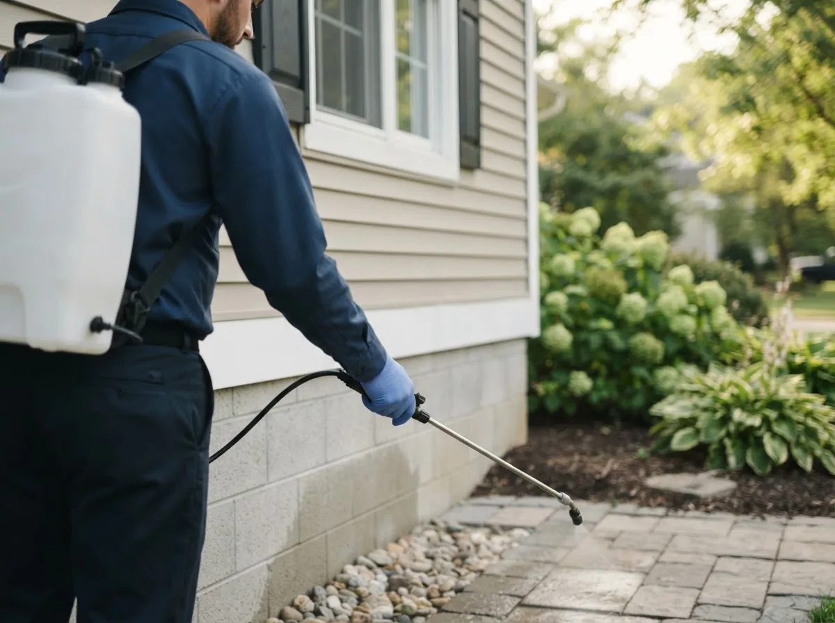 Pest control technician inspecting a home in East Fultonham, OH